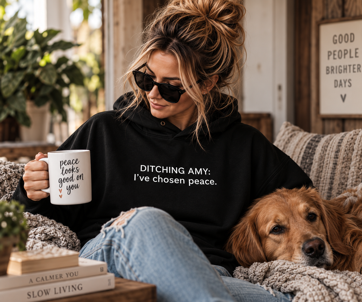 Lifestyle photo of a woman wearing the Ditching Amy I've Chosen Peace black hoodie