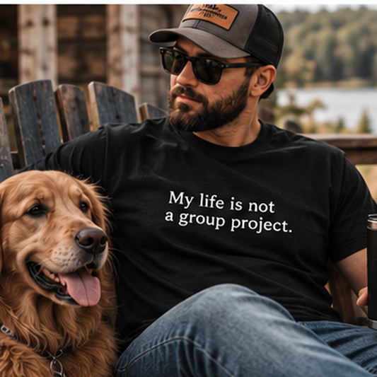 Lifestyle photo of a man wearing the Ditching Amy Not a Group Project black tee
